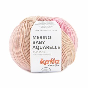 Katia Merino Baby Aquarelle kleur 357 Beige-Licht hemelsblauw-Kauwgom roze