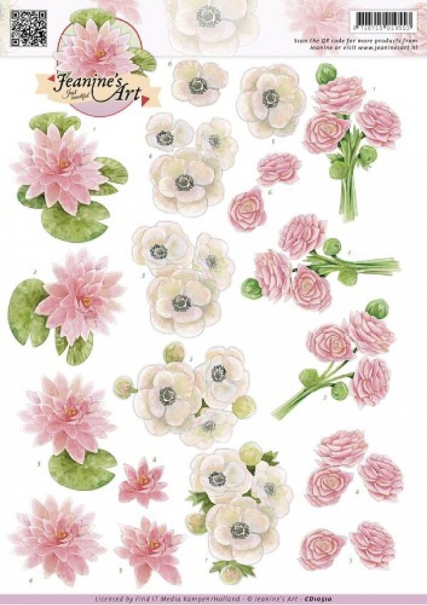 knipvel-3D-Jeanine's Art - Wit Roze Bloemen - CD10510
