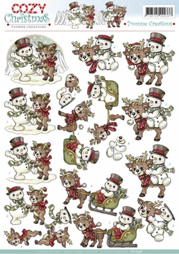 knipvel-3D-Yvonne Creations - Snowman with reindeer - Cozy Christmas - CD10548