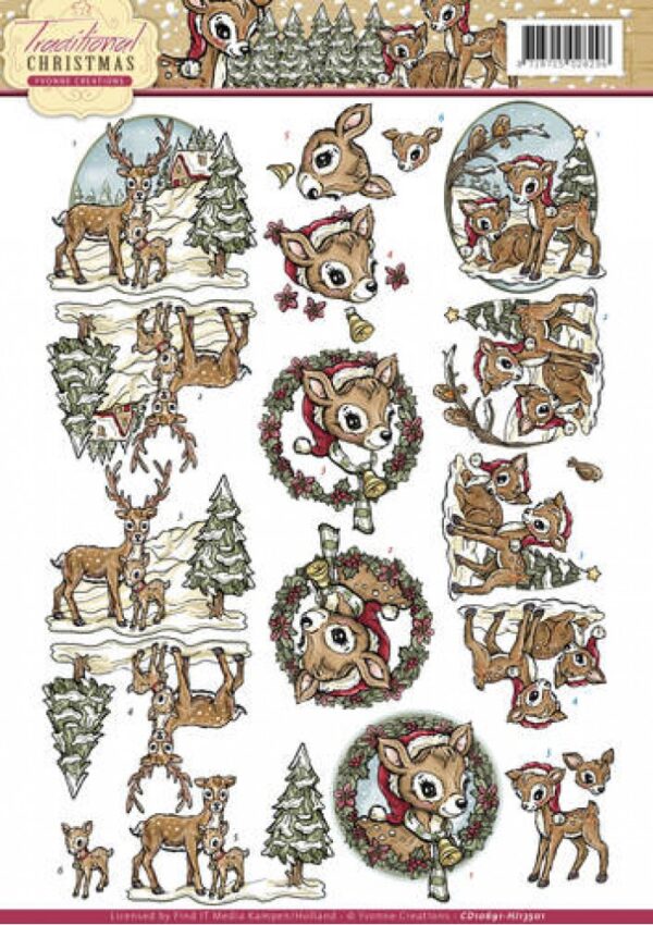 knipvel-3D-Yvonne Creations - Hertjes - Traditional Christmas - CD10691