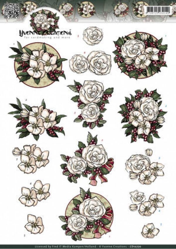 knipvel-3D-Yvonne Creations - White Christmas Flowers - CD10770