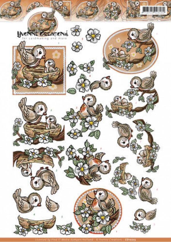 knipvel-3D-Yvonne Creations - Oranje Vogeltjes - CD10725