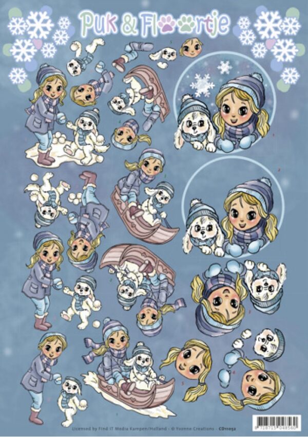 knipvel-3D-Yvonne Creations - Puk en Floortje - Playing with snow - CD11052