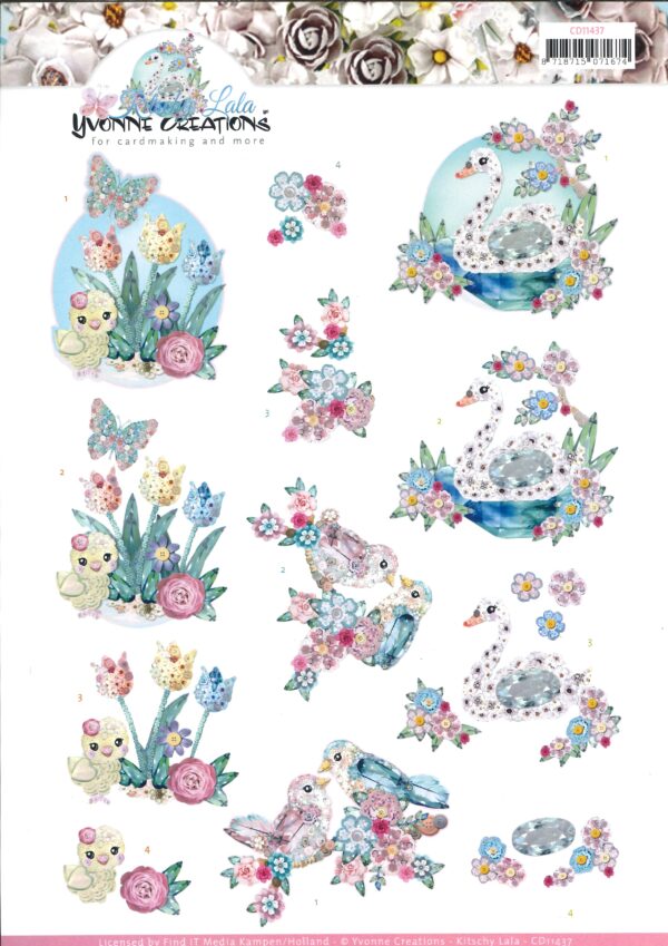 knipvel-3D-Yvonne Creations - Kitschy Birds - Kitschy Lala Floral Pink - CD11437