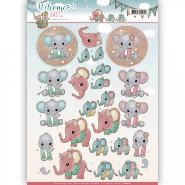 knipvel-3D-Yvonne Creations - Little Elephants Welcome Baby - CD11115