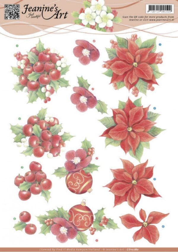 knipvel-3D-Jeanine's Art - Red Christmas Flowers - CD10780