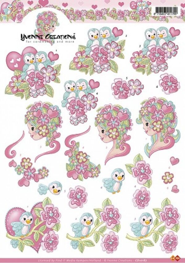 knipvel-3D-Yvonne Creations -Mint & Roze Valentijn Bloemen-CD10187