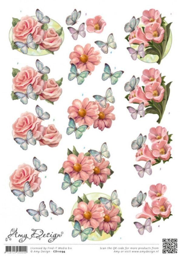 knipvel-Amy Design -Roze Bloemen- CD11094