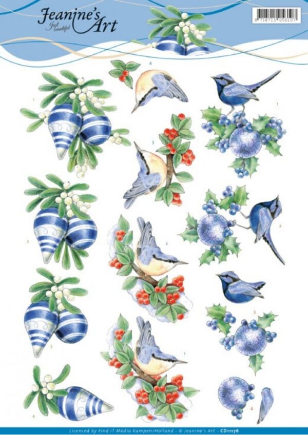 knipvel-3D-Jeanine's Art - Blauwe vogels en kerstballen - CD11176