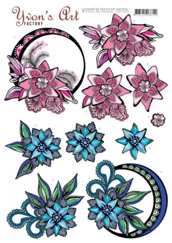 knipvel-3D-Yvon's Art Factory - Blauwe en Roze Swirls - CD11413
