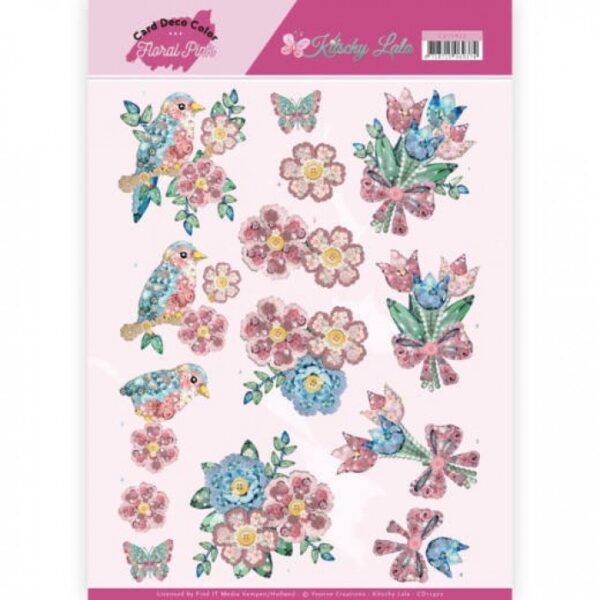 knipvel-3D-Yvonne Creations - Vogel en bloemen - Kitschy Lala Floral Pink - CD11422