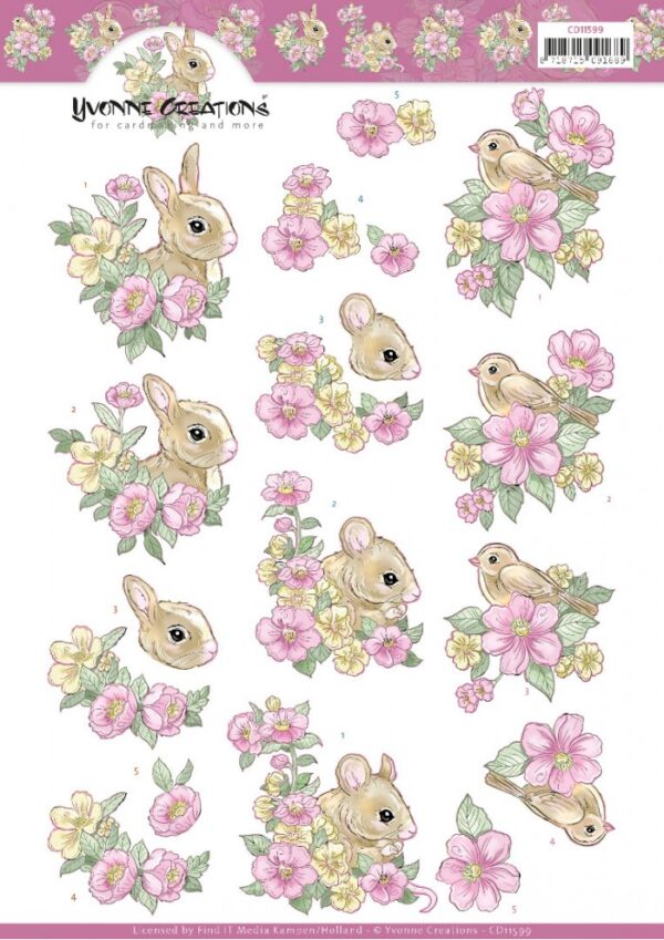 knipvel-3D-Yvonne Creations - Pink flowers and Animals - CD11599