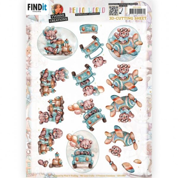 knipvel-3D-Yvonne Creations - Hello World - Playing Teddybear - CD11902
