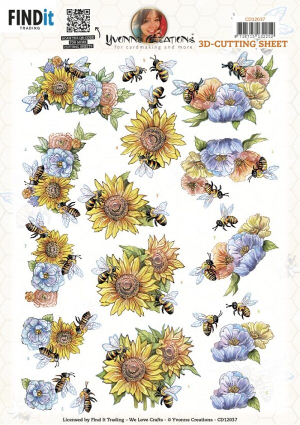 knipvel-3D-Yvonne Creations -Flowers and Bees-CD12037