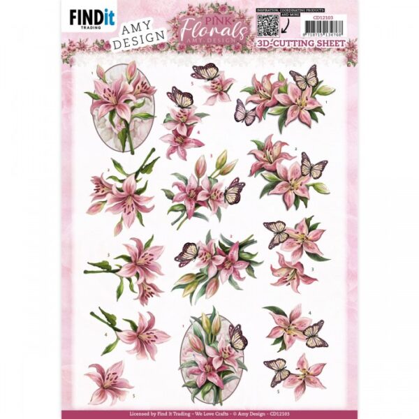 knipvel-3D-Amy Design -  Pink Florals - Lillies- CD12103
