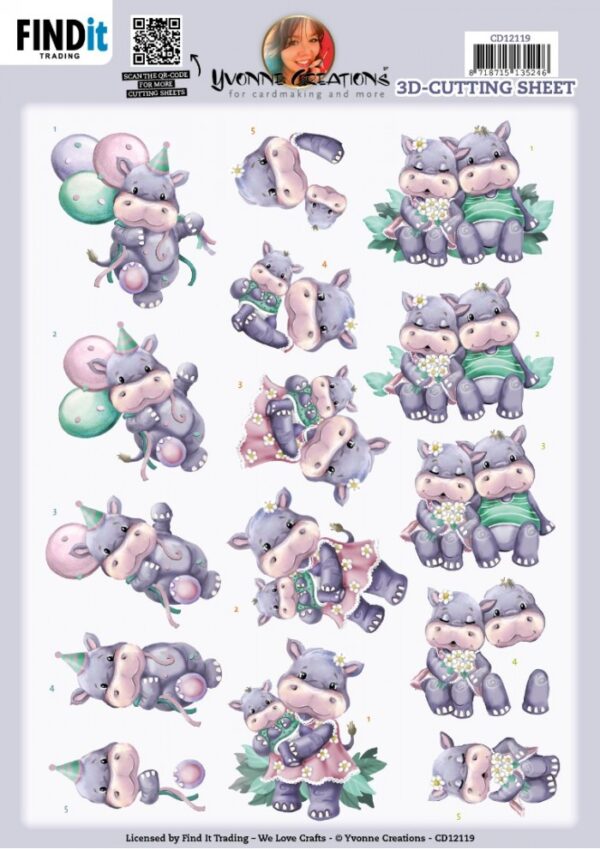 knipvel-3D-Yvonne Creations - Hippo Family- CD12119