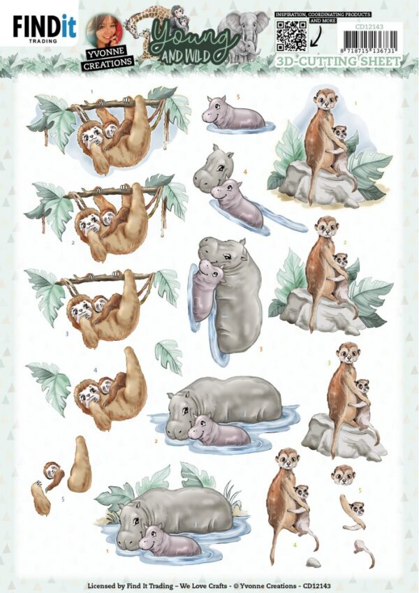 knipvel-3D-Yvonne Creations - Young and Wild - Sloth - CD12143