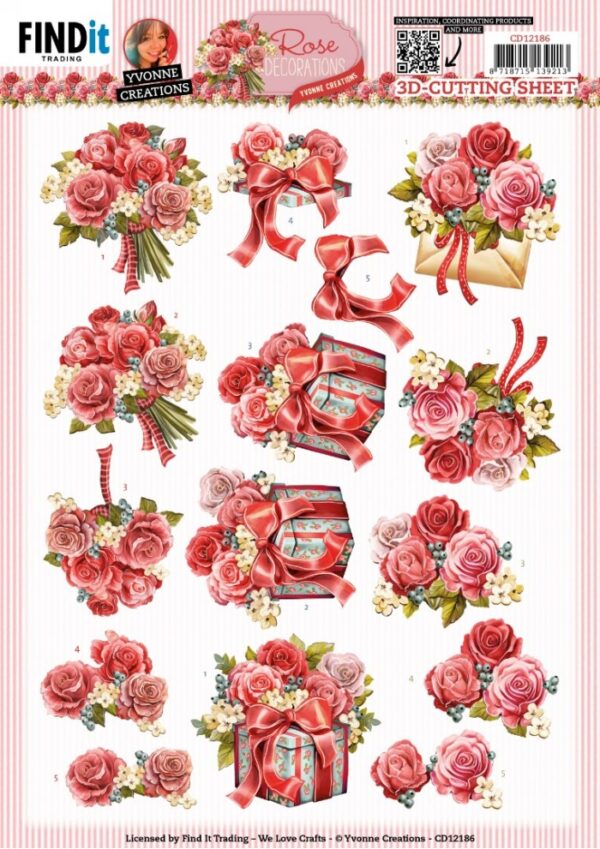 knipvel-3D-Yvonne Creations -  Rose Decorations - Rose Bouquet - CD12186