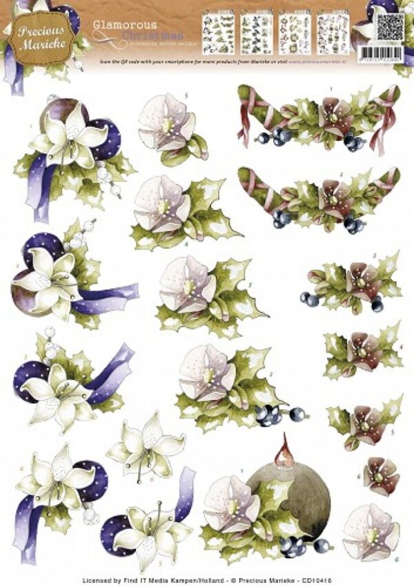 knipvel-3D- Precious Marieke - Christmas Holly Glamorous Christmas - CD10416