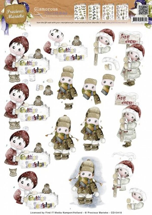 knipvel-3D- Precious Marieke -  Glamorous Christmas - Kids in the snow-CD10418