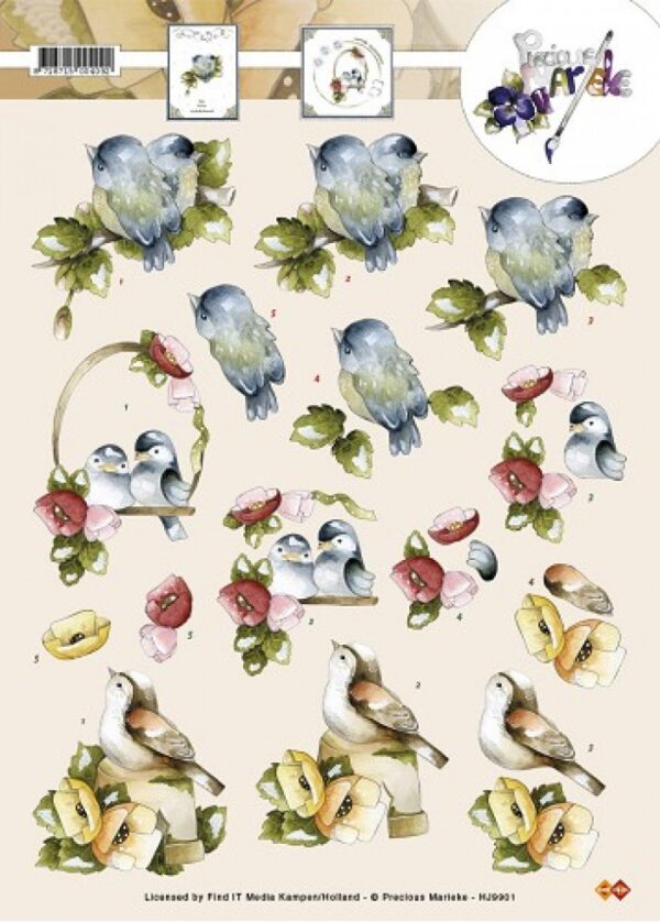 knipvel-3D- Precious Marieke - Vogels Gele Rode bloemen - HJ9901