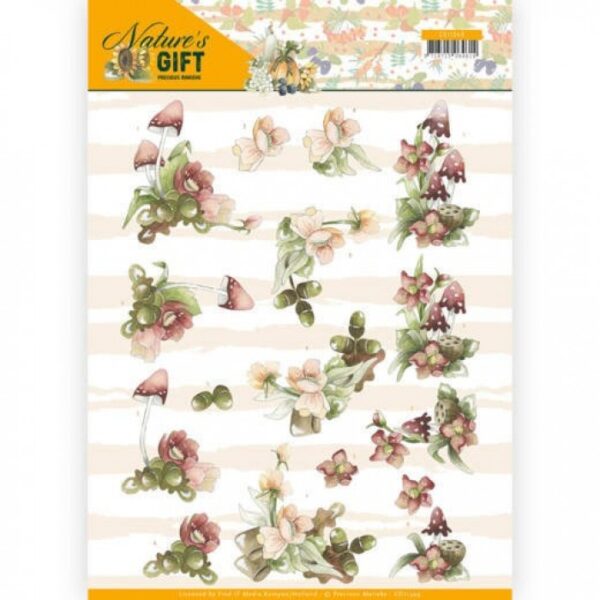 knipvel-3D- Precious Marieke -Rode bloemen en paddenstoelen Nature's-CD11349