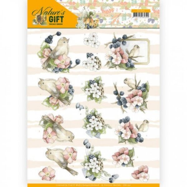 knipvel-3D- Precious Marieke -Blauwe bramen, vogel en bloemen Nature's-CD11351