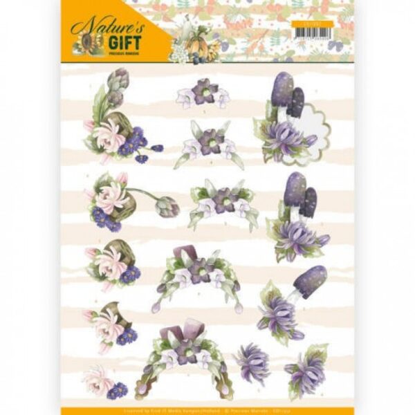 knipvel-3D- Precious Marieke -Paarse bloemen en paddenstoelen-CD11352