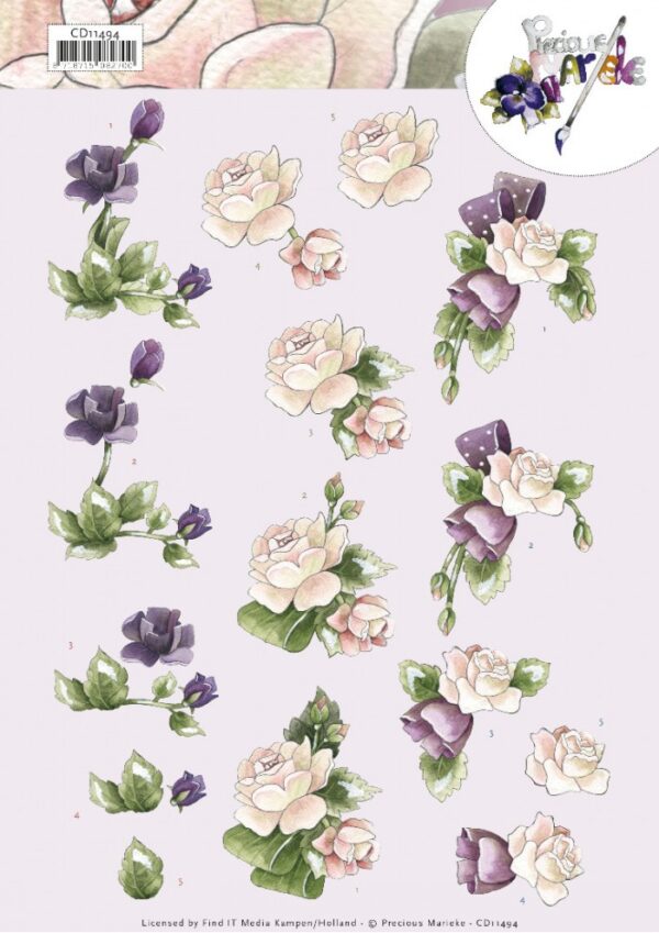 knipvel-3D- Precious Marieke - Purple Flowers - CD11494