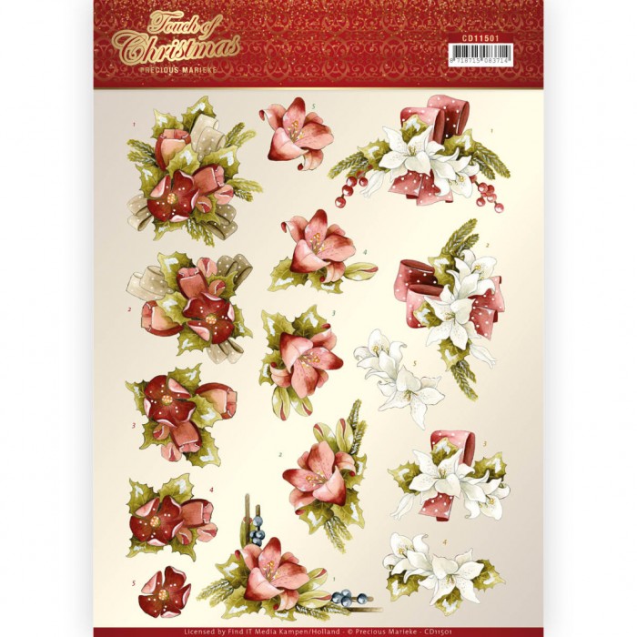 knipvel-3D- Precious Marieke -Touch of Christmas - Red Flowers-CD11501