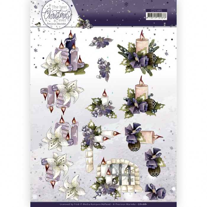 knipvel-3D- Precious Marieke - The Best Christmas Ever - Purple Flowers And Candles -CD11681