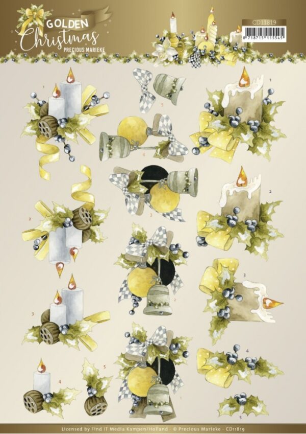 knipvel-3D- Precious Marieke - Golden Christmas - Christmas Candles - CD11819