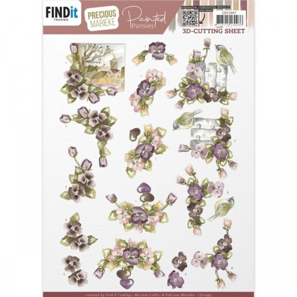 knipvel-3D- Precious Marieke - Painted Pansies - Purple -CD11997