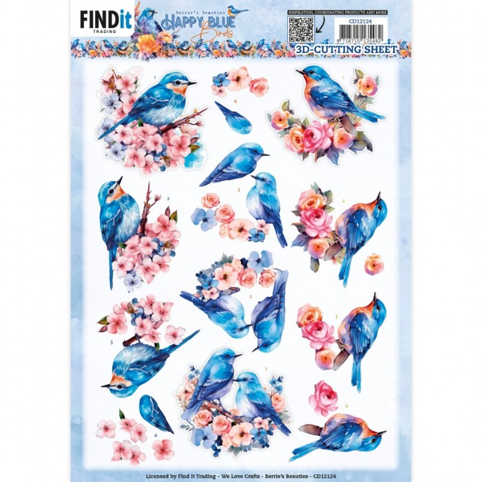 knipvel-3D- Berries Beauties - Happy Blue Birds - Birds in Pink - CD12124