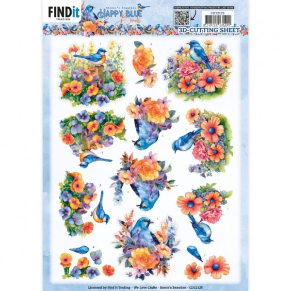 knipvel-3D- Berries Beauties - Happy Blue Birds - Colourful Birds - CD12125