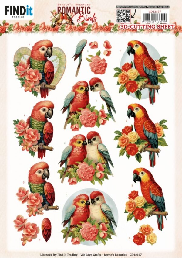 knipvel-3D- Berries Beauties - Romantic Birds - Romantic Parrot - CD12167