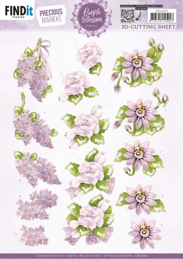 knipvel-3D- Precious Marieke - Purple Blossom - Lilac -CD12279