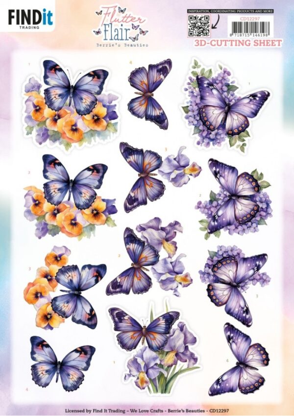 knipvel-3D- Berries Beauties - Flutter Flair - Purple Flutters - CD12297