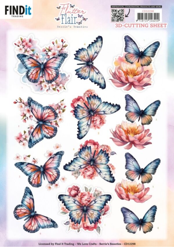 knipvel-3D- Berries Beauties - Flutter Flair - Pink Flutters - CD12298