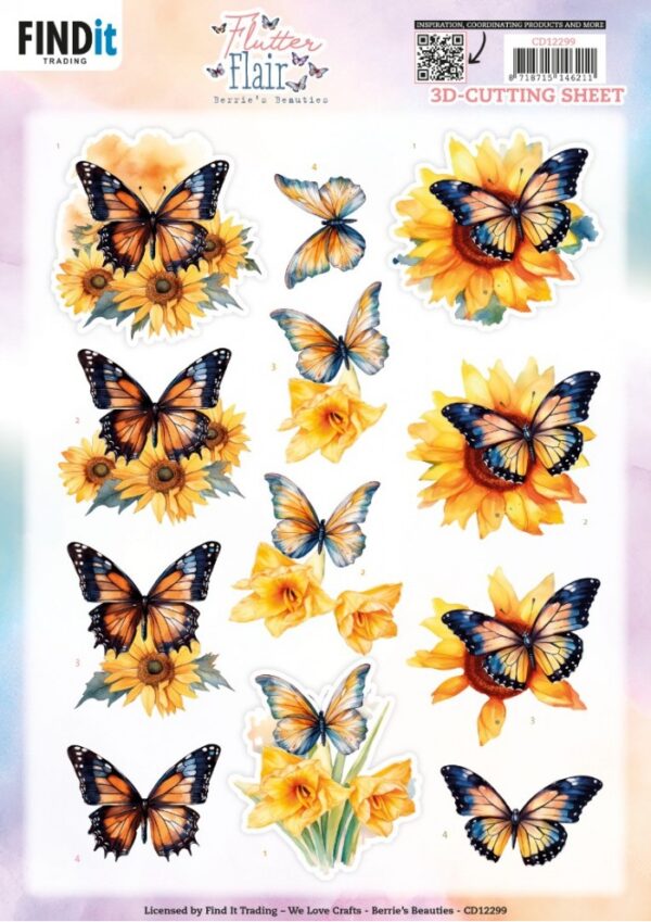 knipvel-3D- Berries Beauties - Flutter Flair - Yellow Flutters - CD12299