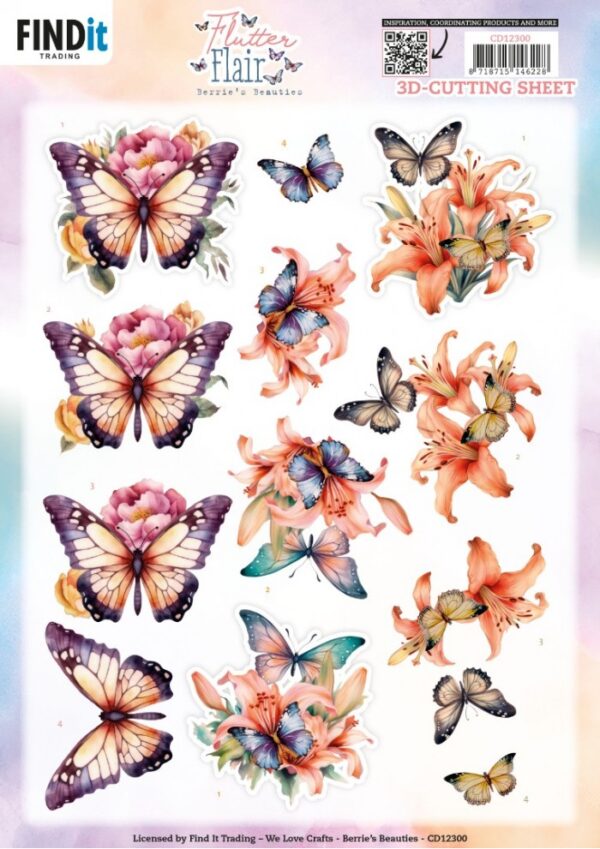 knipvel-3D- Berries Beauties - Flutter Flair - Orange Flutters - CD12300