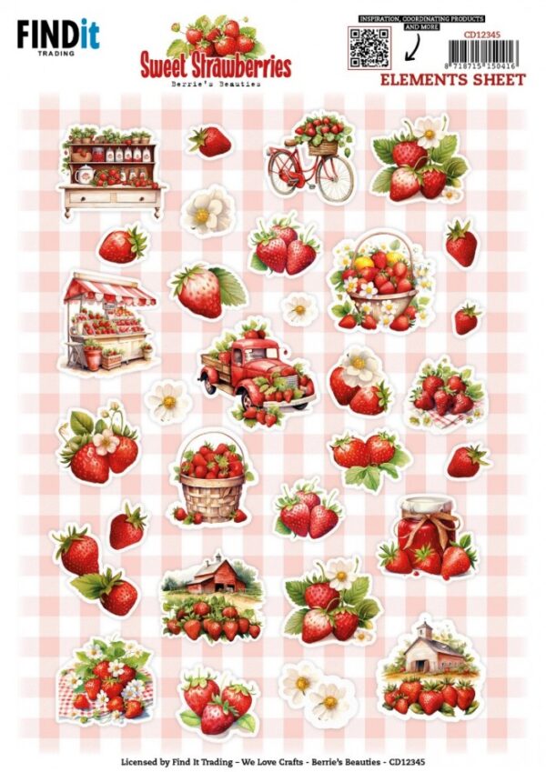 knipvel-3D- Berries Beauties - Sweet Strawberries - Small Elements - CD12345