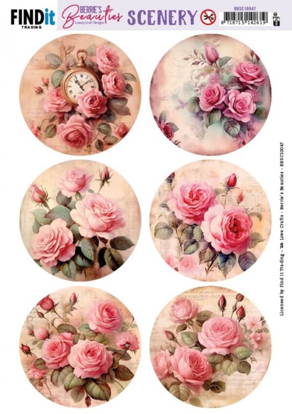 Push-out sheet - 3D - Berrie's Beauties - Pink Roses Round - BBSC10047
