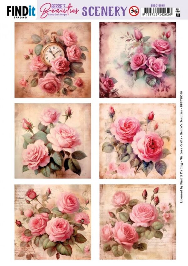 Push-out sheet - 3D - Berrie's Beauties - Pink Roses Square - BBSC10048