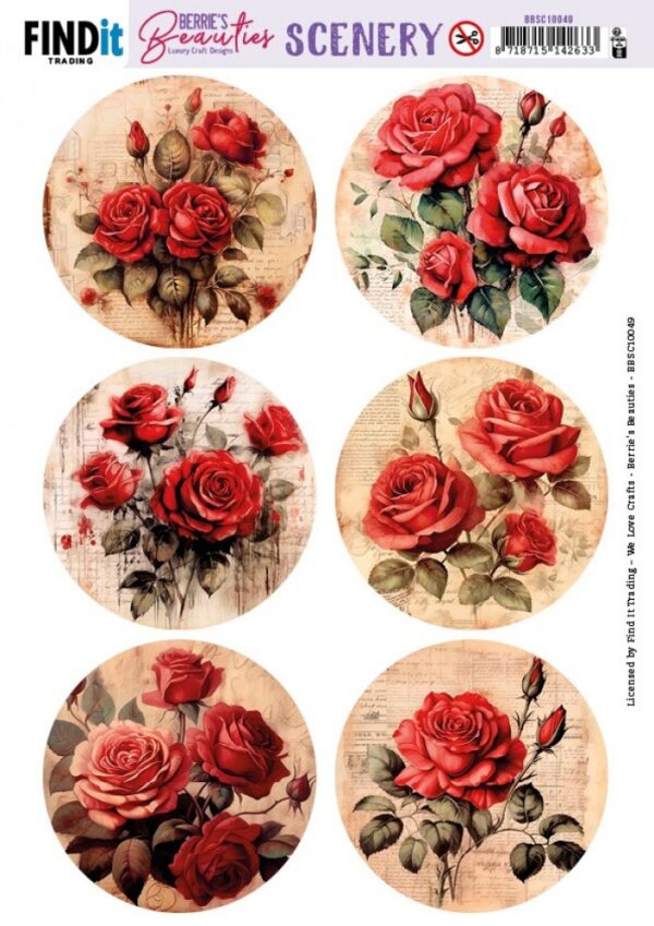 Push-out sheet - 3D - Berrie's Beauties - Red Roses Round - BBSC10049