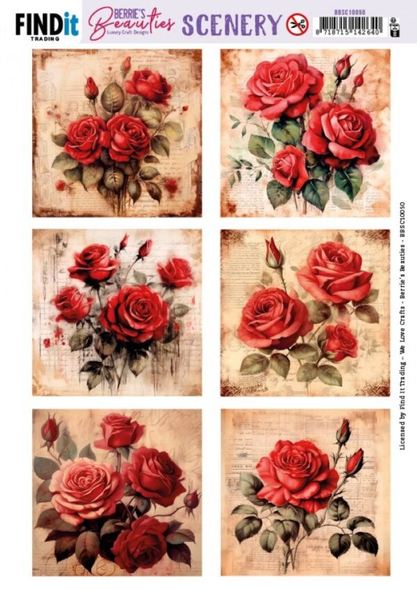 Push-out sheet - 3D - Berrie's Beauties - Red Roses Square - BBSC10050