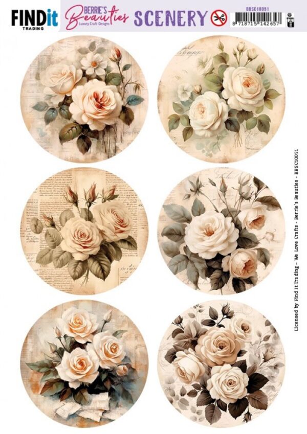 Push-out sheet - 3D - Berrie's Beauties - Brocante Roses Round - BBSC10051