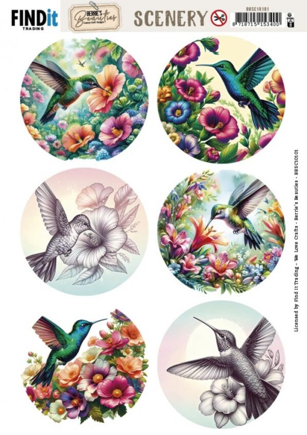 Push-out sheet - 3D - Berrie's Beauties - Colorful Hummingbirds Round - BBSC10101