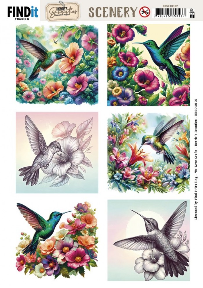 Push-out sheet - 3D - Berrie's Beauties - Colorful Hummingbirds Square - BBSC10102