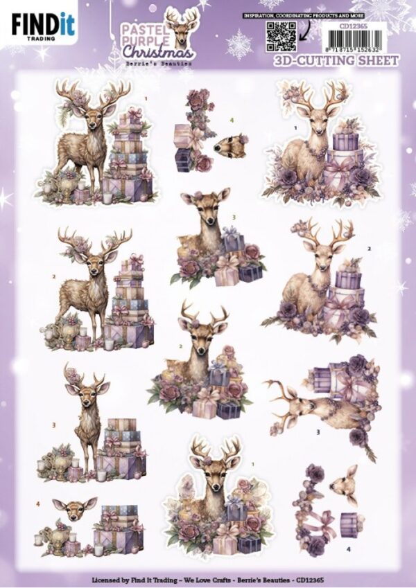 knipvel-3D- Berries Beauties - Pastel Purple Christmas: Deer - CD12365